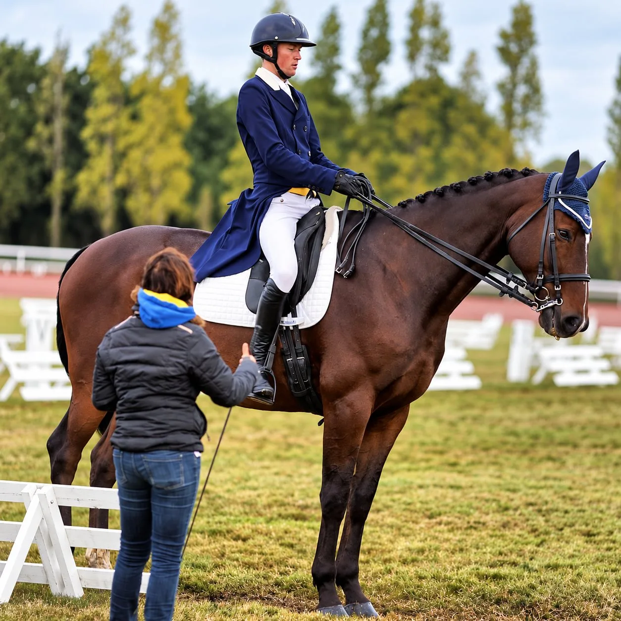 Un cavalier en veste bleue marine et pantalon blanc est assis sur un cheval bai tressé, tandis qu'une femme de dos lui fait face sur une carrière en herbe entourée de barrières blanches.